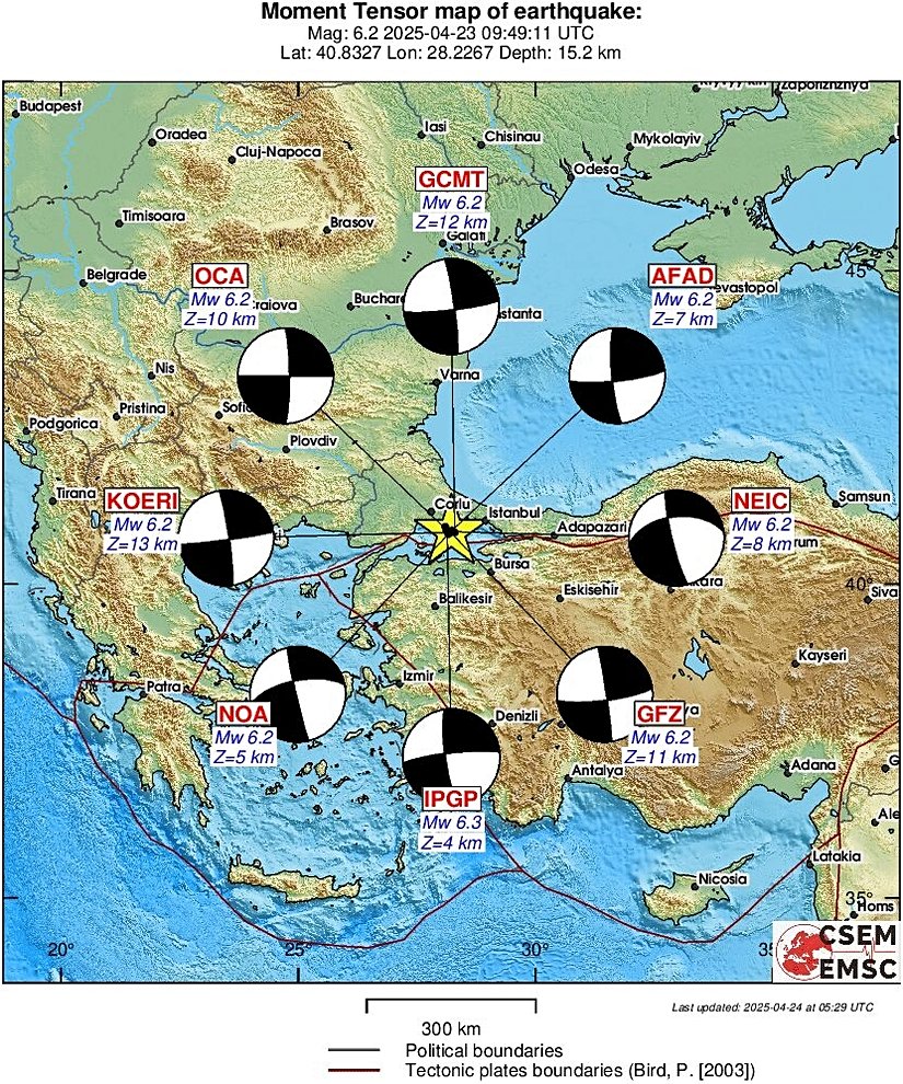 23 Nisan 2025'de Marmara Denizinde meydana gelen depremin moment tensör çözümleri.