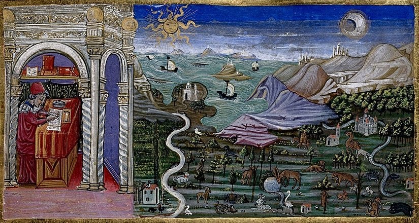 Plinius’un doğa ve hayvanlar üzerine çalışmasını simgeleyen minyatürize edilmiş bir çalışma.