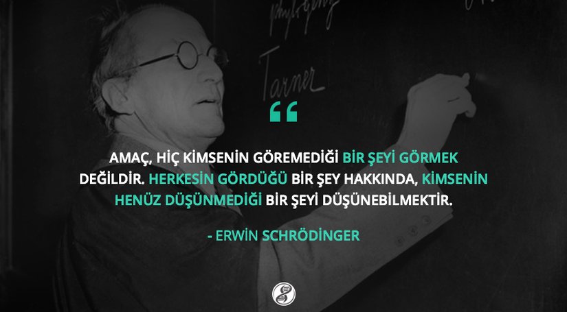 "Amaç, hiç kimsenin görmediği bir şeyi görmek değildir. Herkesin gördüğü bir şey hakkında, kimsenin henüz düşünmediği bir şeyi düşünebilmektir."  Erwin Schrödinger (Avusturyalı fizikçi, temel kuantum teorilerinden birkaç tanesinin babası, dalga denklemini geliştiren isim, formalizm ve matriks mekaniğinin gelişiminde kilit rol oynamış, istatistiki mekanik, termodinamik, dielektrik fiziği, renk teorisi, elektrodinamik, genel görelilik ve kozmoloji alanlarında çalışamlar yürütmüş bilim insanı)