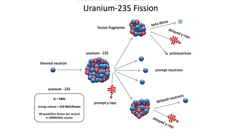 Nükleer fisyon, bir atomun çekirdeğinin iki veya daha fazla küçük çekirdeğe ayrıldığı bir reaksiyondur. Bu illüstrasyon uranyum-235'in nükleer fisyonunu göstermektedir.