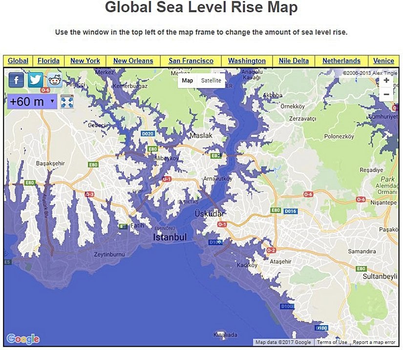Eğer ki Dünya'daki bütün buzullar erirse, deniz seviyesi 60 metreye kadar yükselecek. Bu durumda, İstanbul'un maviyle gösterilen alanları su altında kalacak. Bu, devasa bir toprak kaybı, nasıl izin veririz? Ancak böylesine kapsamlı bir erime olayı yakın vadede beklenmiyor.