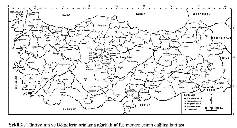 Türkiye'nin popülasyon merkezinin zaman içinde değişimi.