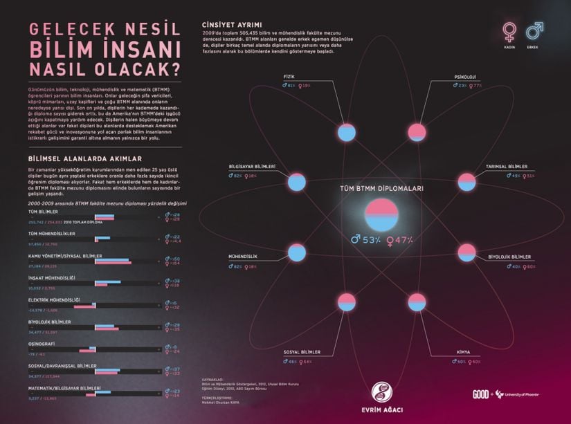 Bu görselde, bilimi en çok etkileyen unsurlardan ikisi olan &quot;alan seçimi&quot; ve &quot;cinsiyet dağılımı&quot; konuları incelenmektedir.