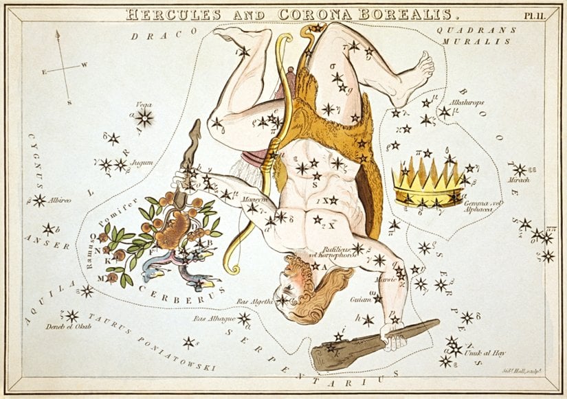 Sidney Hall tarafından 1825 yılında yapılan "Hercules and Corona Borealis" tablosu.(Corona Borealis görselin sağ tarafında, taç şekli ile gösterilmiştir.)