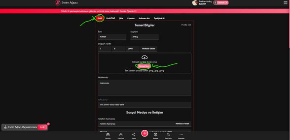 Profil sekmesinden "Görsel Seç" butonuna basarak indirmiş olduğunuz görseli dosyalarınızdan seçerek yükleyebilirsiniz veya indirmiş olduğunuz görseli sürükleyip bırakabilirsiniz.