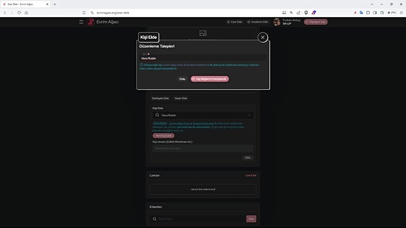 "Ekleyeceğin kişi, Evrim Ağacı Eser & İnceleme Sistemi'ne ilk defa senin tarafından ekleniyor. İstersen hızlıca daha detaylı ekleyebilirsin."