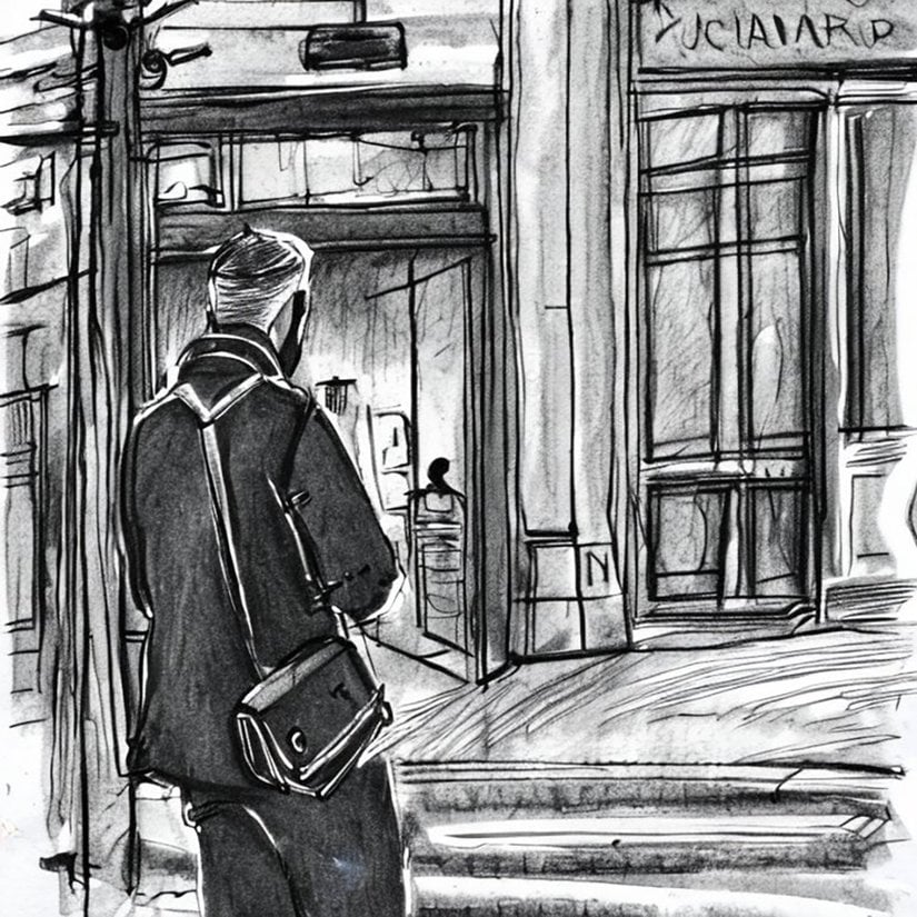 Çevresini inceleyen bir flanör. Görsel Stable Diffusion 1 Demo kullanılarak çizilmiştir.