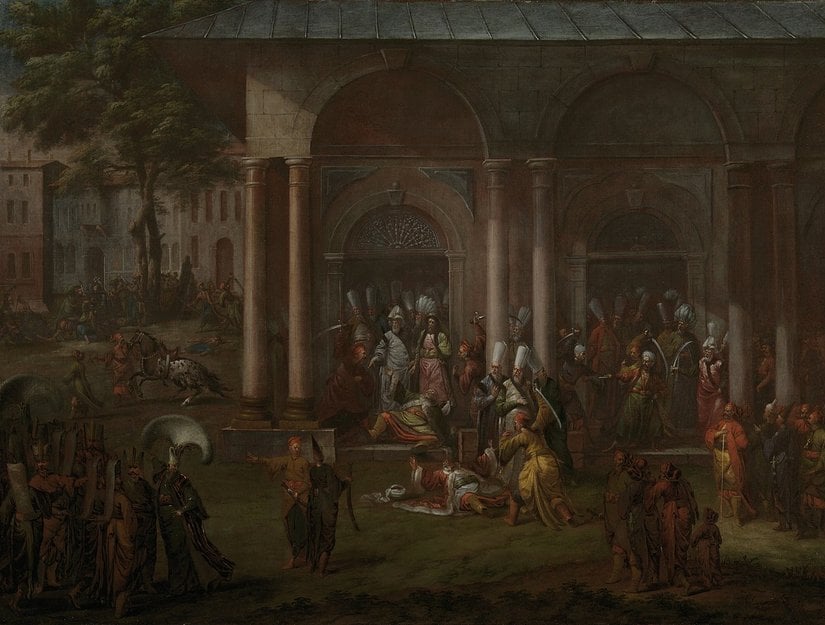 Jean-Baptiste Vanmour'un tasviriyle Patrona Halil ve yandaşlarının öldürülmesini konu alan tablo (De moord op Patrona Halil en zijn volgelingen, y. 1730-y. 1737)