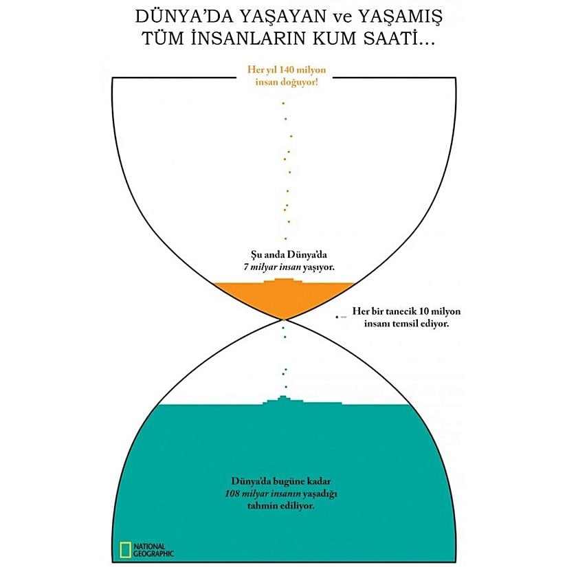 Gezegenimiz üzerindeki her türden sayısız tür geldi geçti. Her birinden milyonlarcası, milyarlarcası ve hatta trilyonlarcası yaşadı. Türümüz, kısmen yavaş üreyen bir hayvan türü olarak şu ana kadar 115 milyar civarında bireyiyle gezegen üzerinde temsil edildi ve ediliyor. Bu temsiliyetimiz ne kadar sürecek bilinmez; ancak kum saati işliyor. Muhtemelen yok oluşumuz sayımızın azalmasından değil, aşırı fazla çoğalmasından ve bunun beraberinde gelen sorunlardan olacak. Yine de Dünya üzerinde yaşamış ve yaşayan insanların sayısı ve bunun değişimini görmek insana değişik bir bakış açısı katacaktır.