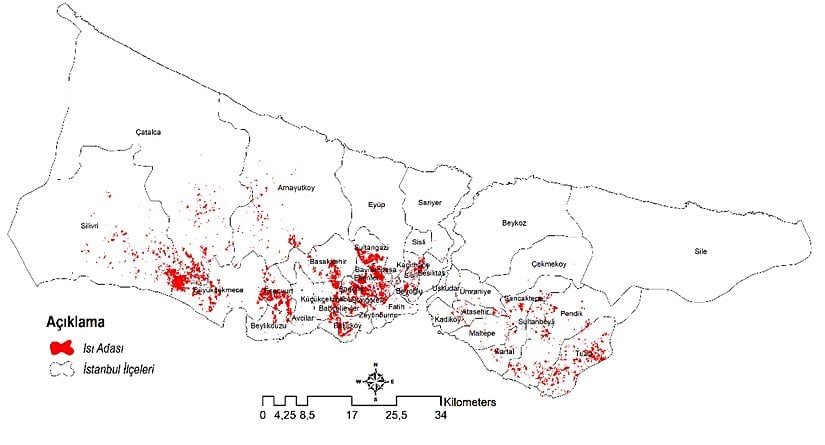 Isı Alanı Yoğunluğu İndeksine Göre İstanbul Isı Adası Dağılımı Haritası