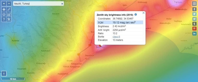 Haritada istediğiniz bölgenin ışık kirliliği durumunu öğrenebilirsiniz.