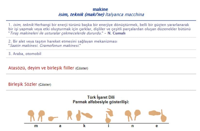 TDK Genel Türkçe Sözlük'te ''makine'' girdisi