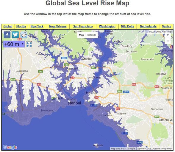 Eğer ki Dünya'daki bütün buzullar erirse, deniz seviyesi 60 metreye kadar yükselecek. Bu durumda, İstanbul'un maviyle gösterilen alanları su altında kalacak. Bu, devasa bir toprak kaybı, nasıl izin veririz? Ancak böylesine kapsamlı bir erime olayı yakın vadede beklenmiyor.