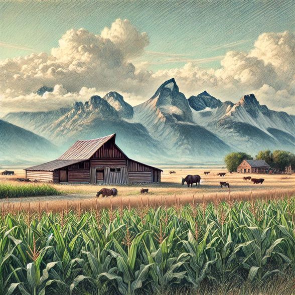 Create me a realistic oil painting of a corn field, reflecting peace and tranquility of the country side, mountains in the background, a barnhouse with animals around it, pencil sketch