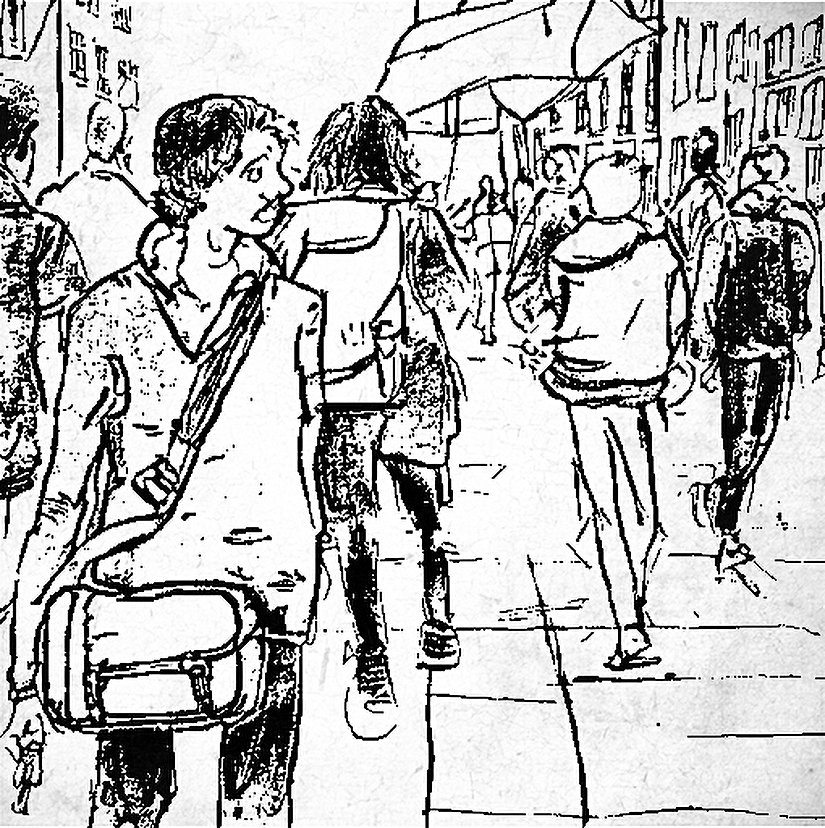 Kalabalığın içinde çevresini inceleyen bir flanör. Görsel Stable Diffusion 1 Demo kullanılarak çizilmiştir.