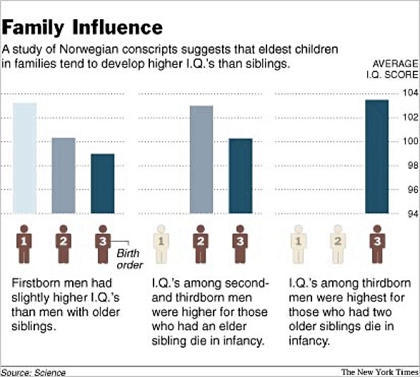 Aile, büyük kardeşlerin ölmesi durumunda diğer çocuklarla daha fazla ilgilenmeye başladığı için küçük kardeşlerin IQ ortalaması yükseliyor.