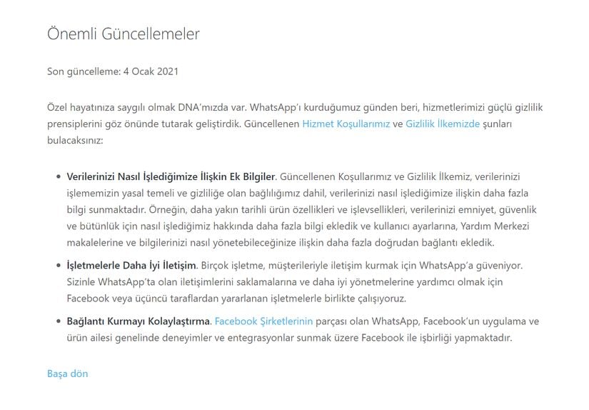 WhatsApp'ın Ocak 2021 güncellemesiyle değişecek sözleşme konularının özeti.