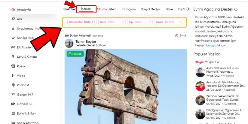 Filtrelere erişmek için ana sayfada İçerikler sekmesine geçmeniz gerekiyor.