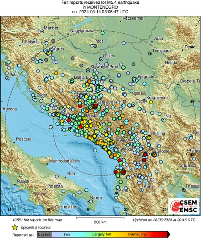 Karadağ depremi için EMSC’nin uygulaması üzerinden iletilen deprem şiddet dağılımı.