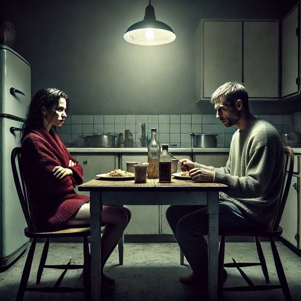 Create me a photograph of two estranged lovers who are having their last meal together and reflect the tension in between them in the kitchen