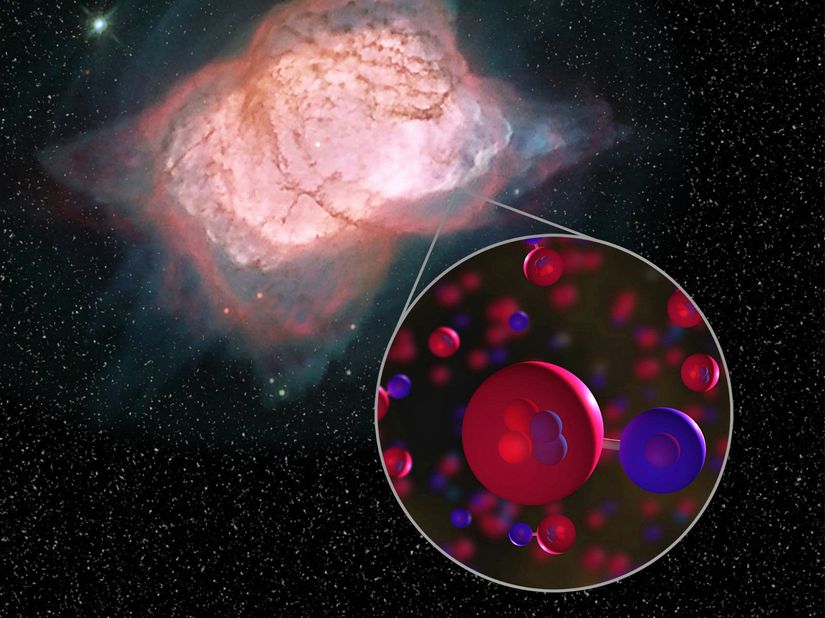 Gezegenimsi bulutsu NGC 7027'nin fotoğrafı ile helyum hidrit molekülünün illüstrasyonu. Nötr helyum atomlarının (kırmızı ile gösterilmiştir) iyonize hidrojenle (mavi) bağ kurmasından meydana gelen helyum hidrit evrenin erken döneminde oluşmuş en basit yapılı moleküldür ve Dünya'dan yaklaşık 3000 ışık yılı uzaktaki gezegenimsi bulutsu NGC 7027 içerisinde de tespit edilmiştir.