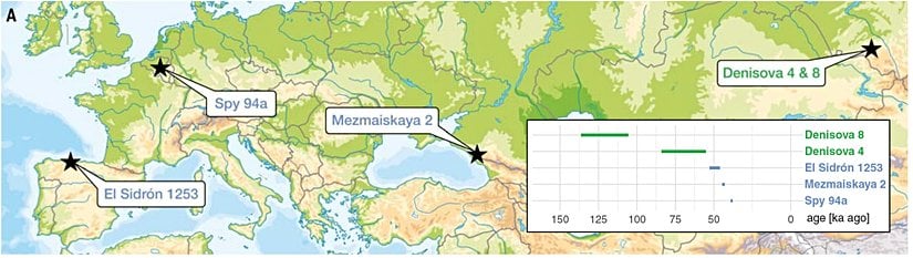 Yeni çalışmada araştırılan arkaik bireylerin bulunduğu yerleri ve yaşadıkları tahmini tarihleri gösteren harita (ka önce = binlerce yıl önce)