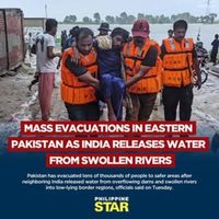 Philippine - Pakistan has evacuated tens of thousands of people to safer areas after neighboring India released water from overflowing dams and swollen rivers into low-lying border regions, officials said Tuesday.  The move came a day after New Delhi alerted Islamabad about possible cross-border flooding, marking the first public diplomatic contact between the two nuclear-armed rivals in months. Pakistan’s National Disaster Management Authority said it had issued an advance alert to its Punjabi counterparts about a surge in the Sutlej River and the risk of flooding, and that evacuations from various districts in the eastern Punjab province were underway.  In a statement, it said rescuers evacuated more than 14,000 people from Kasur, a district in Punjab province, while over 89,000 were moved to safer ground from the city of Bahawalnagar, near the Indian border.  The NDMA said authorities have urged residents to stay away from rivers, streams and low-lying areas, avoid unnecessary travel, and follow alerts issued through the media, mobile phones and the NDMA’s disaster alert app.  The latest flood alert and evacuation drive by Pakistan comes as heavy monsoon rains continue to batter both South Asian countries. | via Associated Press | Facebook