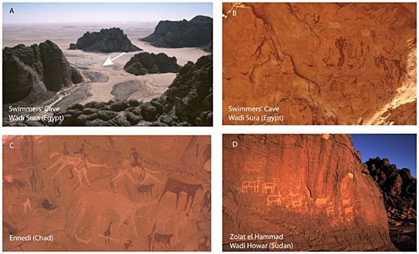 Kuzey Afrika'da, tarih öncesi kaya ve mağara resimlerinin görüntüleri