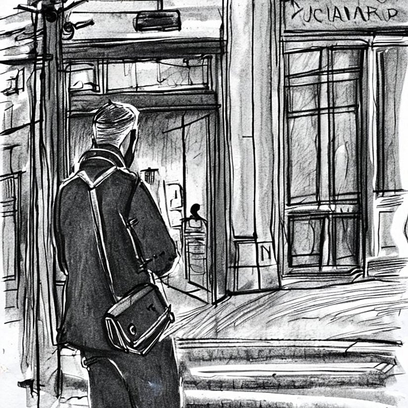 Çevresini inceleyen bir flanör. Görsel Stable Diffusion 1 Demo kullanılarak çizilmiştir.