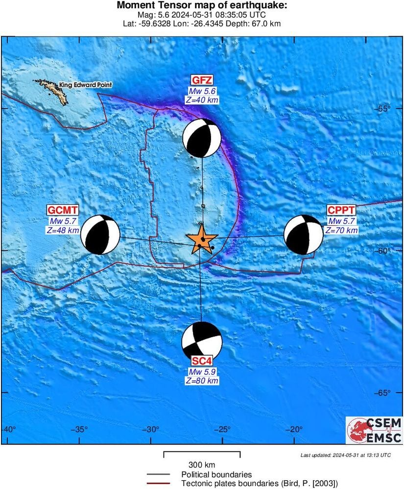 31 Mayıs 2024 Güney Sandwich Adaları depreminin çeşitli uluslararası deprem izleme merkezlerinde bulunmuş deprem fay odağı mekanizması çözümleri