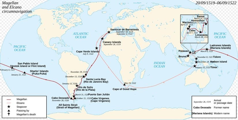 Magellan ve Elcano’nun Dünya çevresindeki ilk yolculuğunun rotası