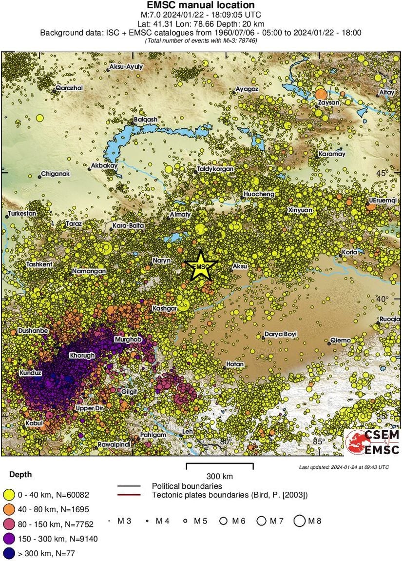 6 Temmuz 1960’dan 22 Ocak 2024’e kadar bölgede meydana gelmiş depremler. Yuvarlaklar kaydedilmiş depremlerin büyüklüğüyle orantılı ve renkler farklı derinlikleri işaret ediyor