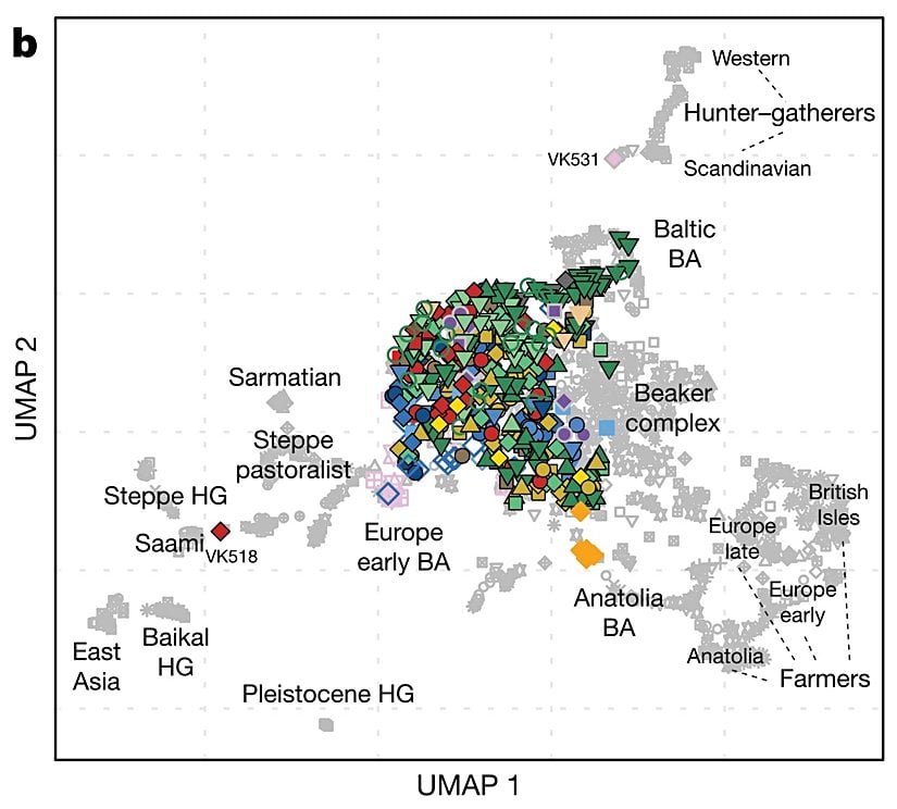 Bu görselde de aslında yukarıda bahsettiğimiz ayrıntıları görüyorsunuz. UMAP analizi o detayları görselleştirmede oldukça iyi bir yöntem. Anadolu Tunç Çağına doğru kayan sarı elmaslar İtalya Orta Çağından, dolayısıyla beklenen bir durum.