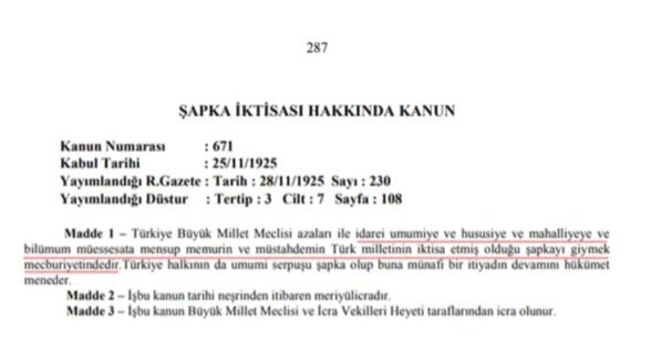 şapka kanunu memurlara yönelik kılık kıyafet düzenlemesi içerir.