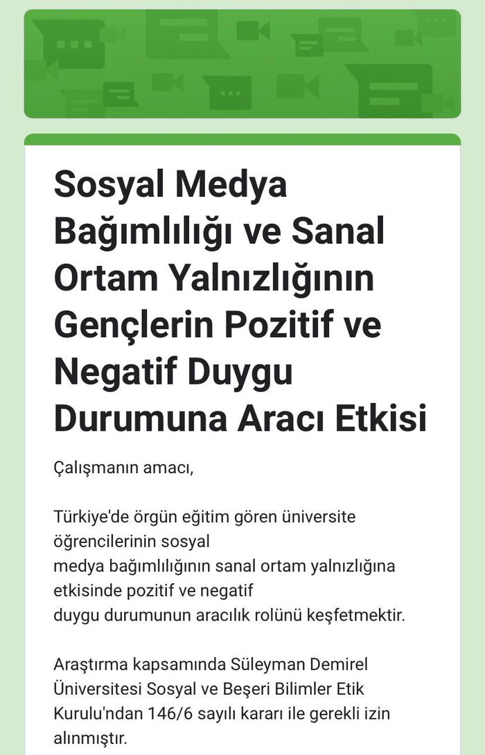 Sosyal Medya Bağımlılığı ve Sanal Ortam Yalnızlığı Konulu Anket