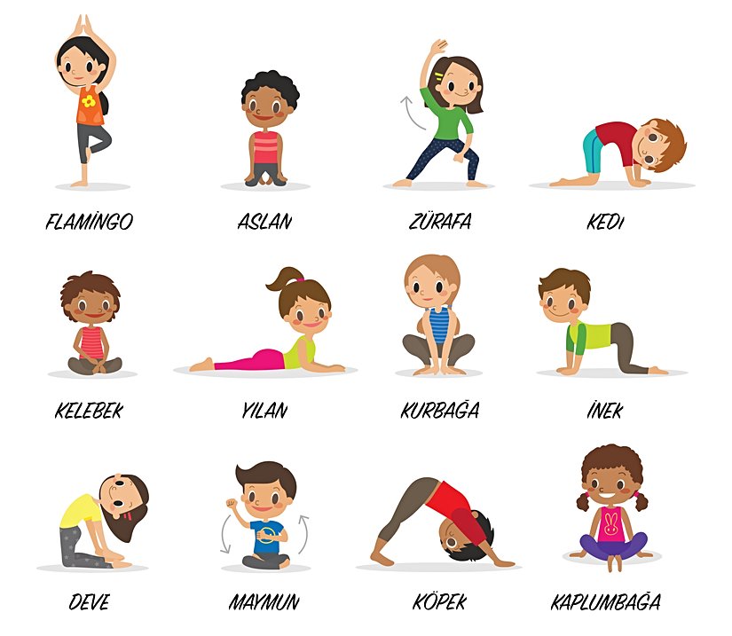 Çocuklar için farklı yoga pozları. İnterosepsiyon için faydalı bir aktivite olan yoga, aynı zamanda vestibüler ve proprioseptif girdi de sağlar.