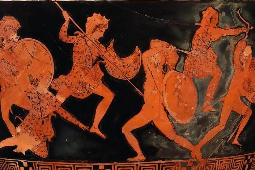 Amazonlar, MÖ 5. yüzyıldan kalma bir pişmiş toprak lekythos (yağ şişesi) üzerinde Yunanlarla savaşıyor. Amazonomachy olarak bilinen Amazon savaş sahneleri, antik Yunan sanatında popülerdi. C: Metropolitan Müzesi, New York.