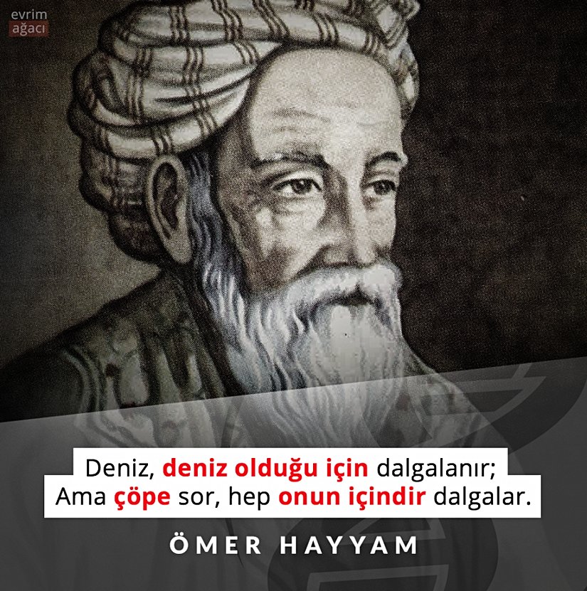 "Deniz, deniz olduğu için dalgalanır; ama çöpe sor, hep onun içindir dalgalar."  Ömer Hayyam (Pers matematikçi, astronom, filozof, şair, tüm zamanların en etkili bilim insanlarından biri; mekanik, geometri, mineraloji ve astronomi araştırmacısı)