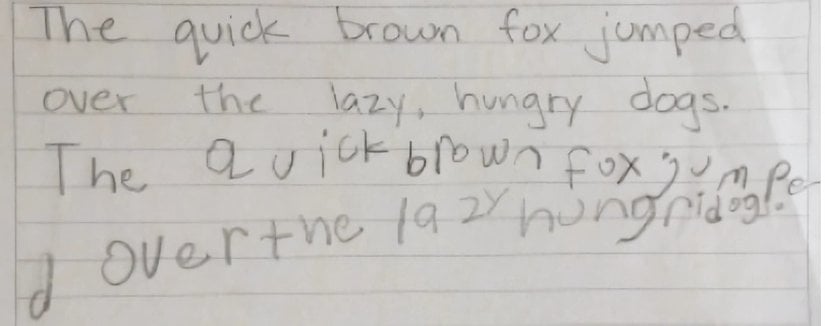 İlk iki satırda öğrenciden kopyalaması istenen yazı, son iki satırda ise öğrencinin spontane yazısı.