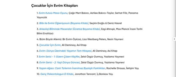 Evrim Ağacı'nın çocuklar için hazırladığı liste.