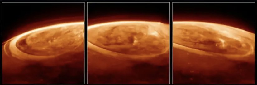 Jüpiter'in auroralarının bu gözlemleri, 25 Aralık 2023'te Webb'in Yakın-Kızılötesi Kamerası (NIRCam) ile yakalandı (F335M filtresi). Bilim insanları, H 3 + olarak bilinen trihidrojen iyonundan gelen emisyonun , daha önce düşünülenden çok daha değişken olduğunu buldular. H 3 +, yüksek enerjili elektronların moleküler hidrojene çarpmasıyla oluşur. Bu emisyon kızılötesinde parlak bir şekilde parladığı için, Webb'in aletleri onu gözlemlemek için iyi donanımlıdır.