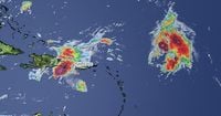 Hurricane Humberto could mingle with another developing storm in what's called the Fujiwhara effect