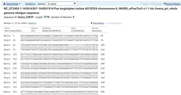 Burada şimpanze ve insanın ESR1 genini karşılaştırmaya çalışmışım, 99% benzerlik var. (yanlış kullanmalar ola bilir çok ta bilgili değilim)