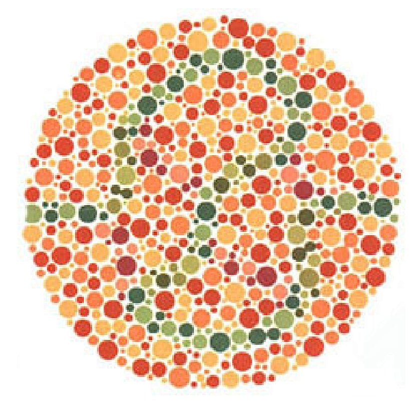 Plaka 34: Normal görüşlüler mavi-yeşil ve sarı-yeşil bir çizgi görürler, kırmızı-yeşil renk görüşü yetersizliği olanlar sadece kırmızı-yeşil ve mor çizgi görürler.