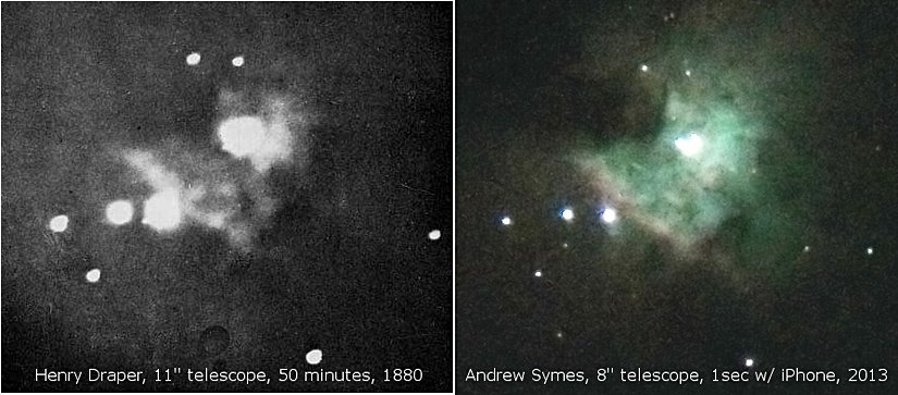 Sol taraftaki fotoğraf, 1880 yılında Henry Draper tarafından 11 inçlik bir teleskop kullanılarak 50 dakikada çekilmiştir. Sağ taraftaki ise 2013 yılında Andrew Symes tarafından bir iPhone kullanarak 1 saniyede çekilmiştir.