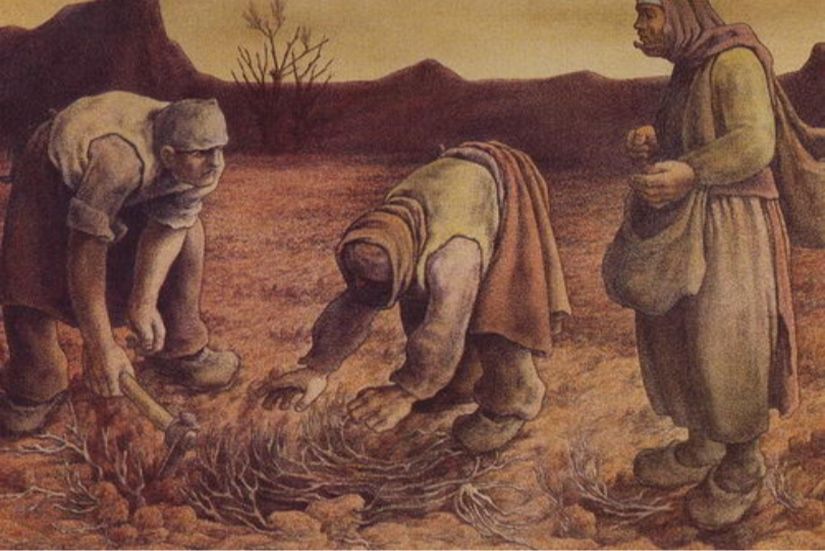 Toplumcu gerçekçilik akımının izlerini taşıyan bir çizim Başakçılar - Neşet Günal (1984)