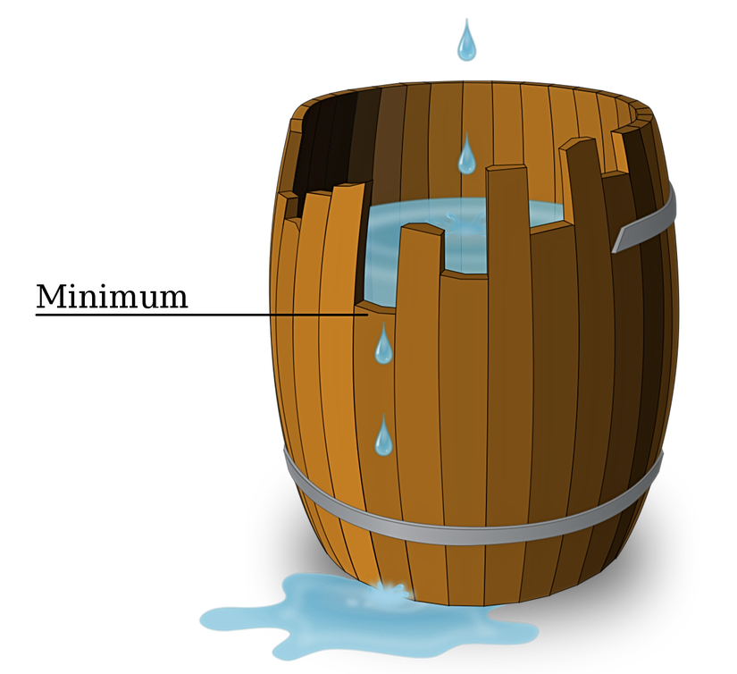 Minimum yasasına açıklık getirmek adına bir fıçı kullanılmıştır. Fıçının kenar tahtalarının her biri bir minerali temsil etmekte olup tahtanın uzunluğu ise toprakta bulunma değerlerini göstermektedir. Fıçının ortasında yer alan su ihtiyaç duyulan noktaya ulaşmaya çalışan minerallerin toplamını simgeler. Tahta uzunluklarından en kısa (minimum boydaki) olan suyun ihtiyacı karşılayamamasına sebep olur.  Bu tek başına kendisini değil tüm diğer mineralleri de kapsar.