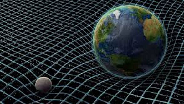 Dünyanın ve Ayın uzay-zamanı bükmesi (Bu fotoğrafda 2 boyutlu bir bükülme gösteriliyor)
