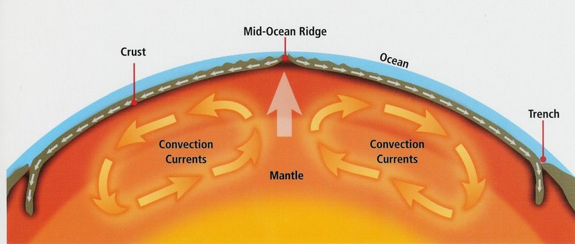 Görselde görebileceğiniz gibi üzerinde bulunduğumuz kabuk inceciktir. Hemen altında meydana gelen konveksiyon akıntıları, kabukta bulunan ve "plaka" denen dev kara parçalarını sürekli hareket ettirir. Bu hareket, kahverengi olarak çizilen manto üzerindeki oklarla gösterilmiştir. Akıntıların yönüne bağlı olarak karalar da hareket ederler. Bu nedenle milyonlarca yıl içerisinde yer yüzünün kara dağılımları sürekli değişir. Yeni kıtalar var olur, var olan kıtalar yok olur, kıtalar birleşerek veya ayrılarak biçim değiştirirler.