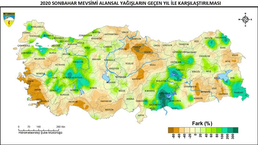 2020 Sonbahar Mevsimi Alansal Yağışların Geçen Yıl İle Karşılaştırılması